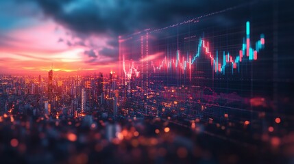 City skyline at sunset with financial chart overlay, vibrant colors and dynamic lines. A blend of urban life and economic growth.