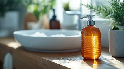 Obraz premium A serene bathroom scene with a soap dispenser and plants.