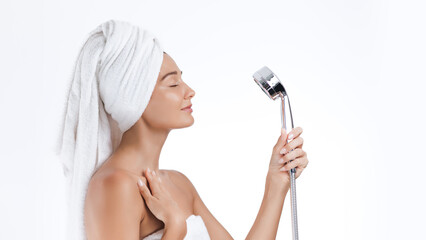 Relaxed Woman Enjoying Shower Time with Towel Wrapped on Head
