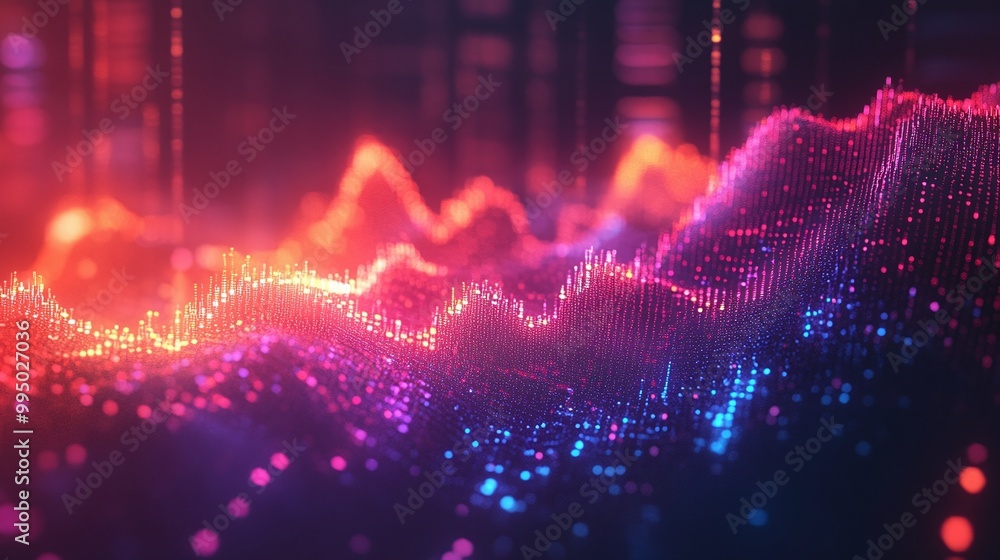 Poster colorful abstract motion graphic of sound wave patterns on a dark background.