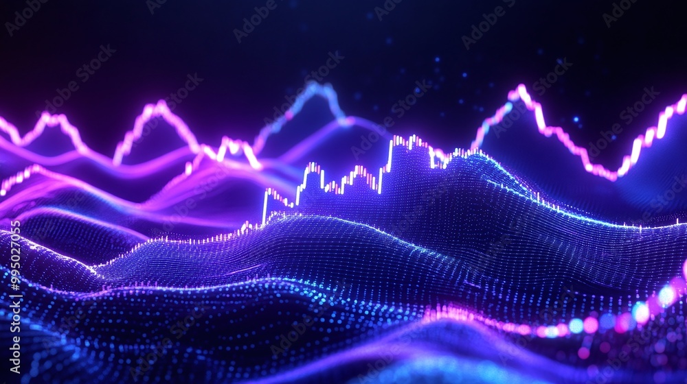 Poster colorful abstract digital waves, showcasing vibrant light patterns and gradients in a dark backgroun