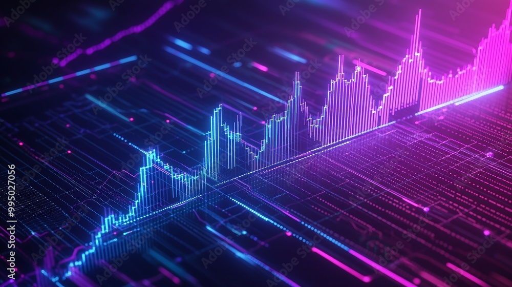 Poster colorful abstract digital financial graph with dynamic lines and glowing elements, representing data