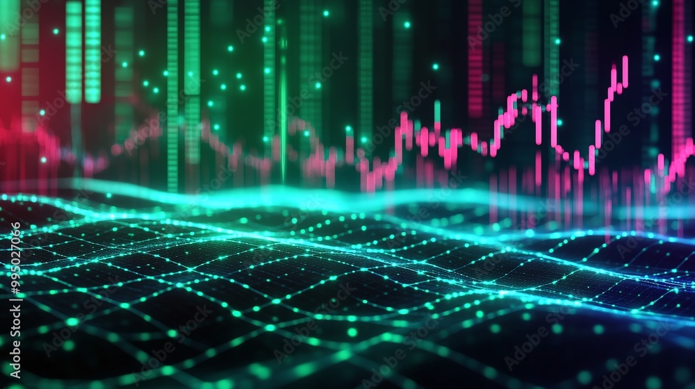 Poster colorful abstract representation of data trends and analytics in a futuristic style.