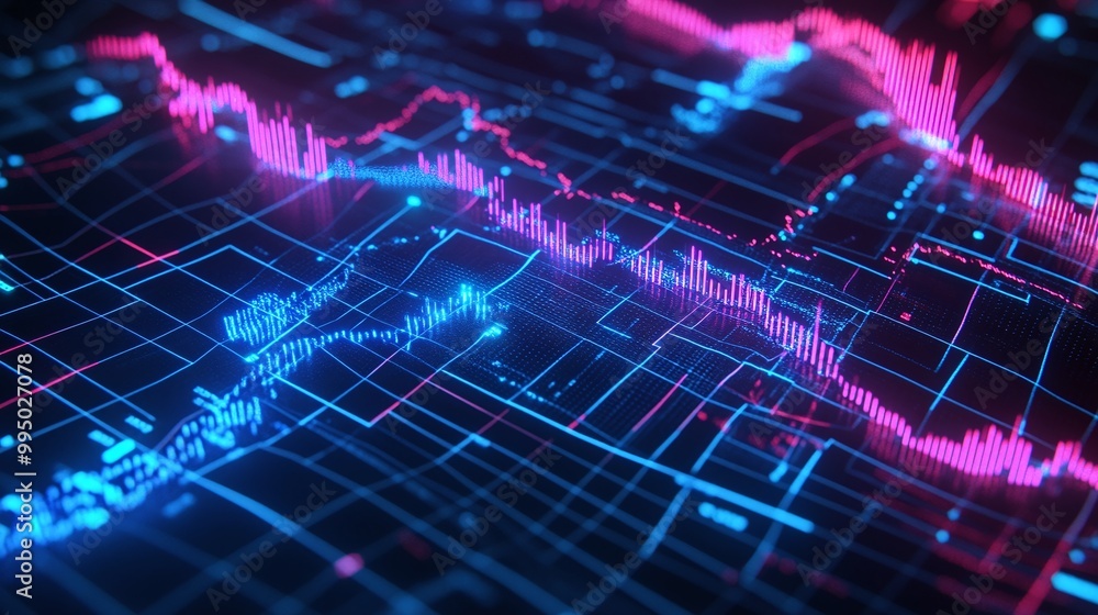 Poster colorful abstract visualization of digital data streams and graphs.