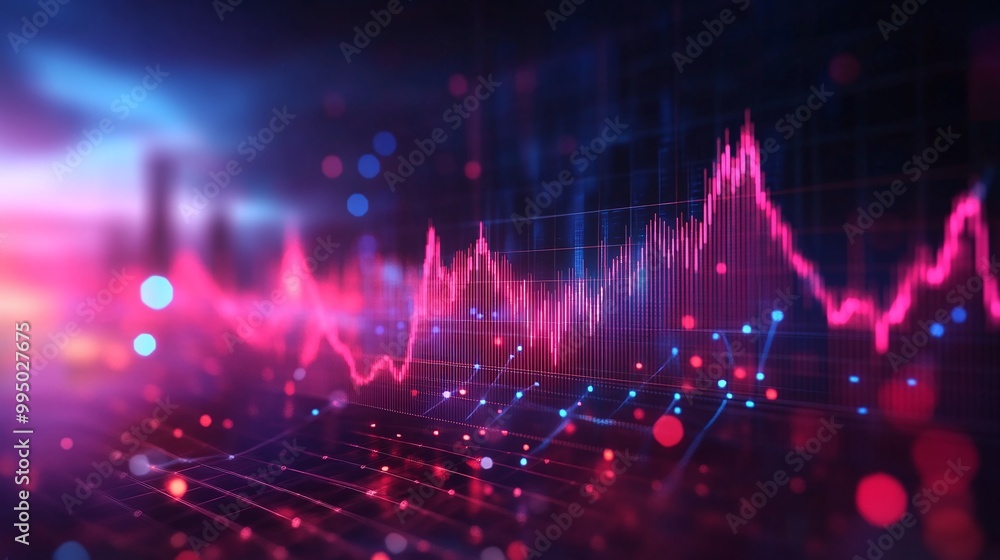 Poster colorful digital data visualization with bright lines and dots on a dark background, representing te