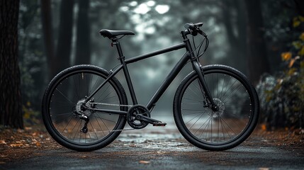 A sleek black bicycle parked on a misty forest road.