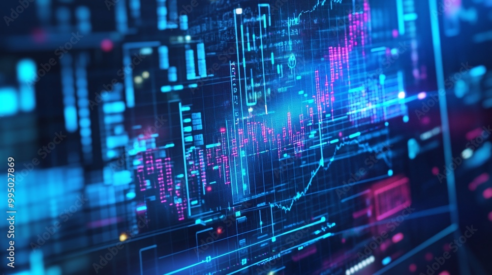 Poster colorful digital data visualization with lines and graphs on abstract blue background.