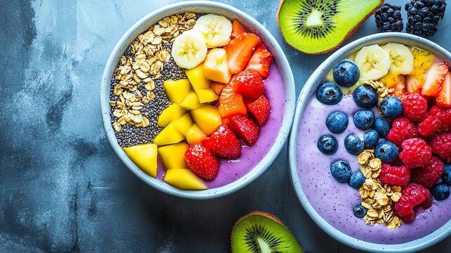 Colorful smoothie bowls topped with fresh fruits and granola, healthy breakfast option.