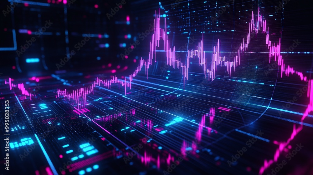 Poster colorful digital graph displaying stock market data trends with vibrant lines on a futuristic interf