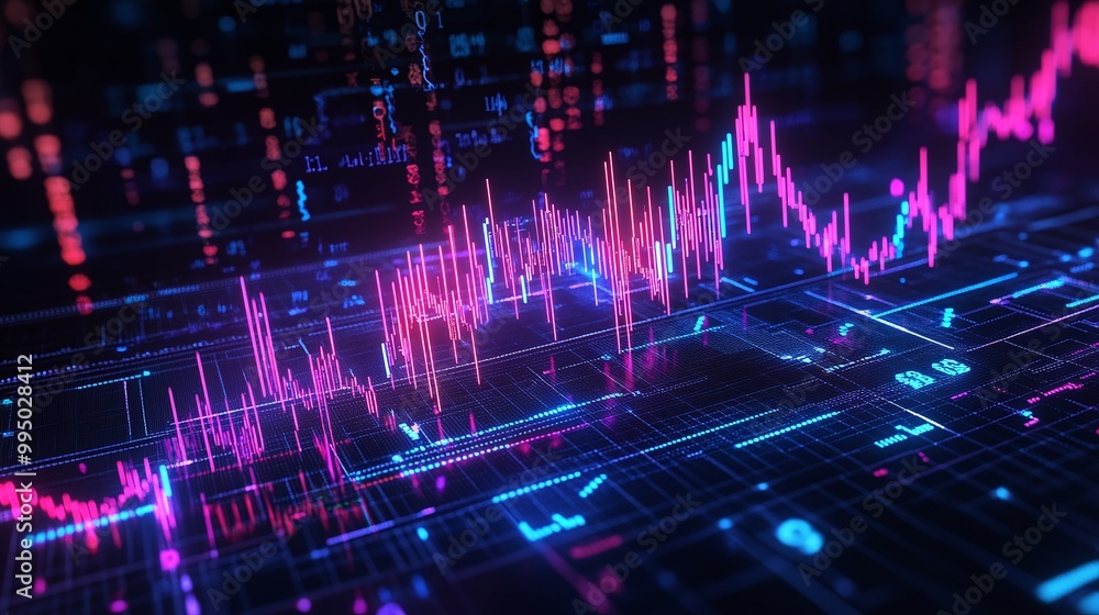 Poster colorful digital graph depicting data analysis with vibrant hues on a dark background.