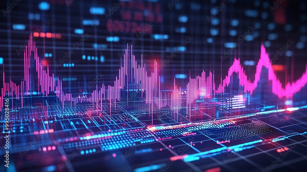 Poster colorful digital graph representing financial data trends and analytics with vibrant lines and patte