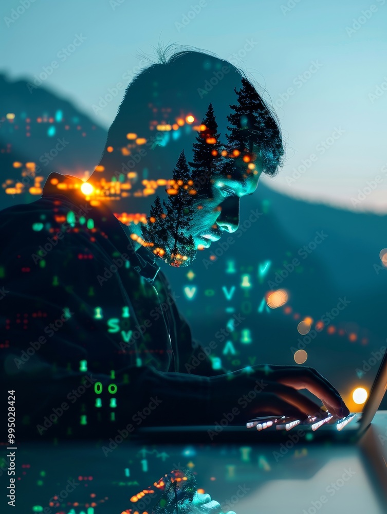 Poster a web developer working on a laptop at night with a double exposure of a cityscape and a forest, rep