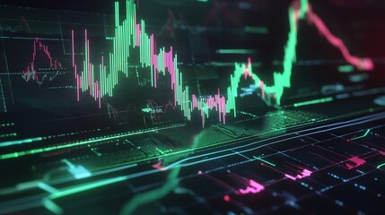 Colorful digital stock market chart with glowing data analysis, depicting trends and movements in financial markets.