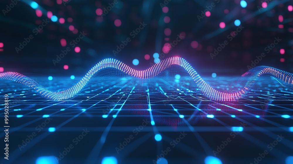 Poster colorful digital wave pattern with glowing dots, representing music or sound visualization on a dark