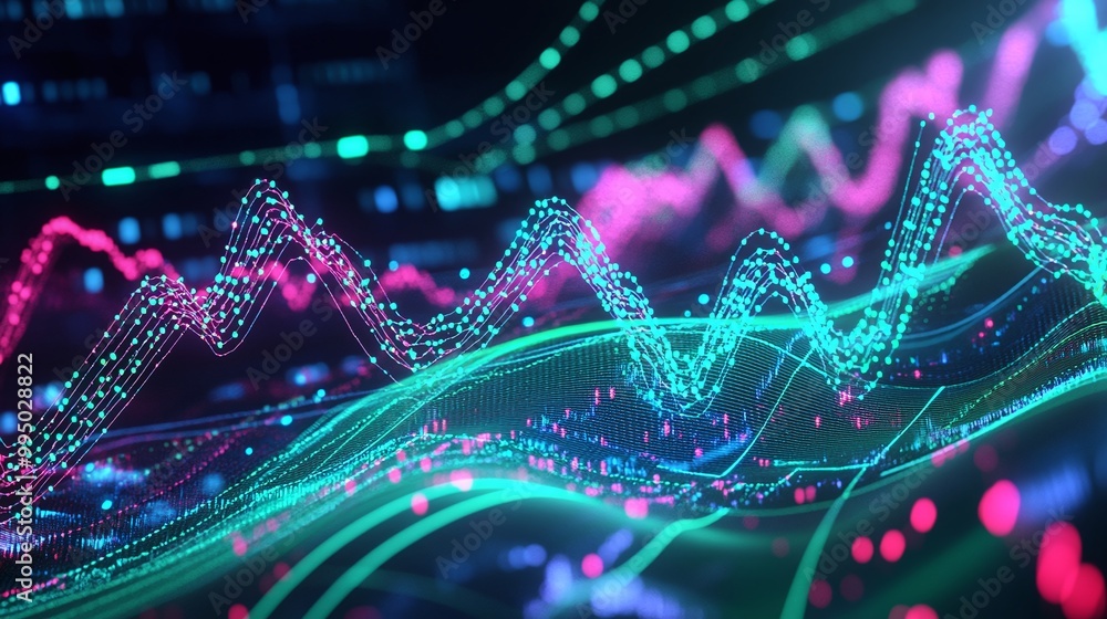 Poster colorful digital wave patterns representing data flow and analysis.