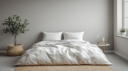 Cozy bedroom interior with white bedding and natural decor elements.