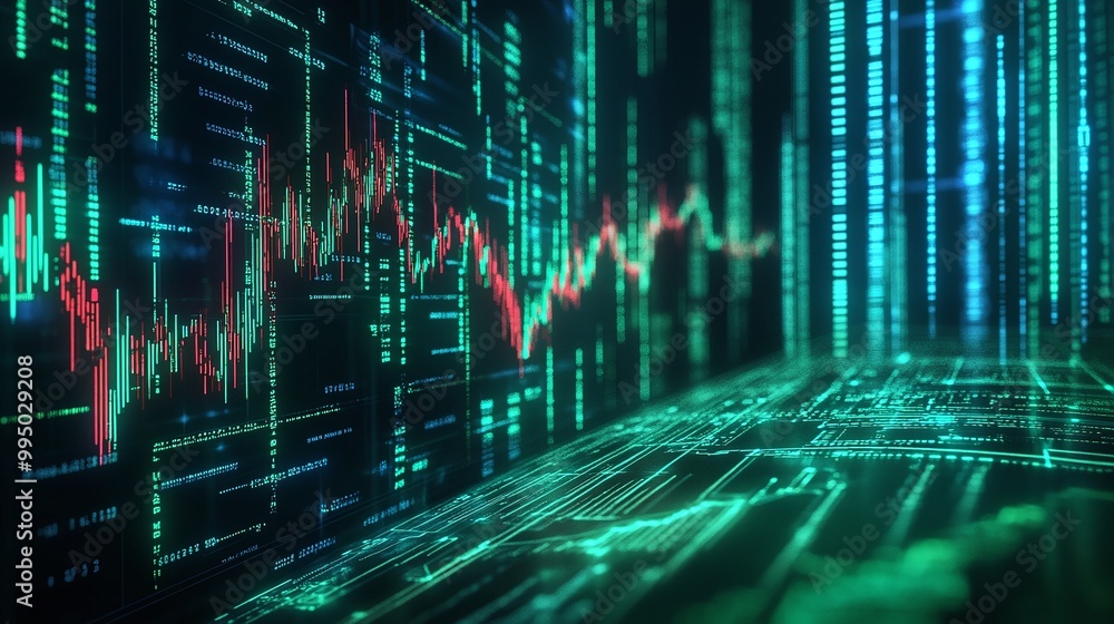 Poster colorful financial charts with glowing lines and data points representing market trends and stocks o