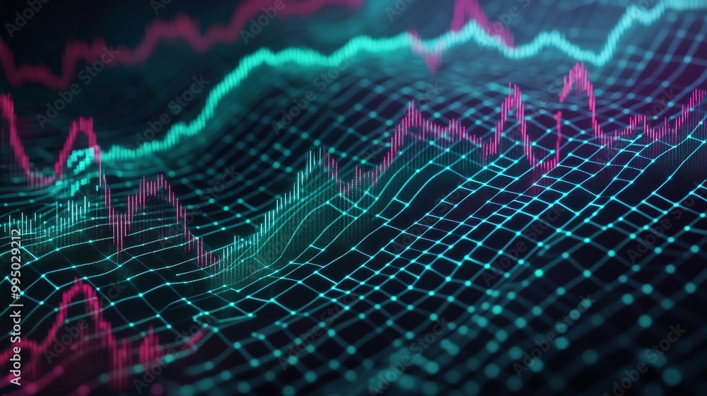Poster colorful financial data visualization with dynamic graphs and digital patterns on a dark background.