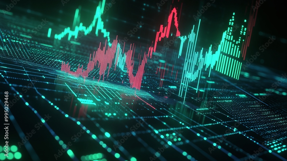 Poster colorful stock market data visualization showcasing fluctuating graphs and charts on a digital inter