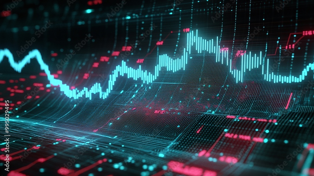 Poster data visualization featuring vibrant graphs and waveforms illustrating financial patterns and trends