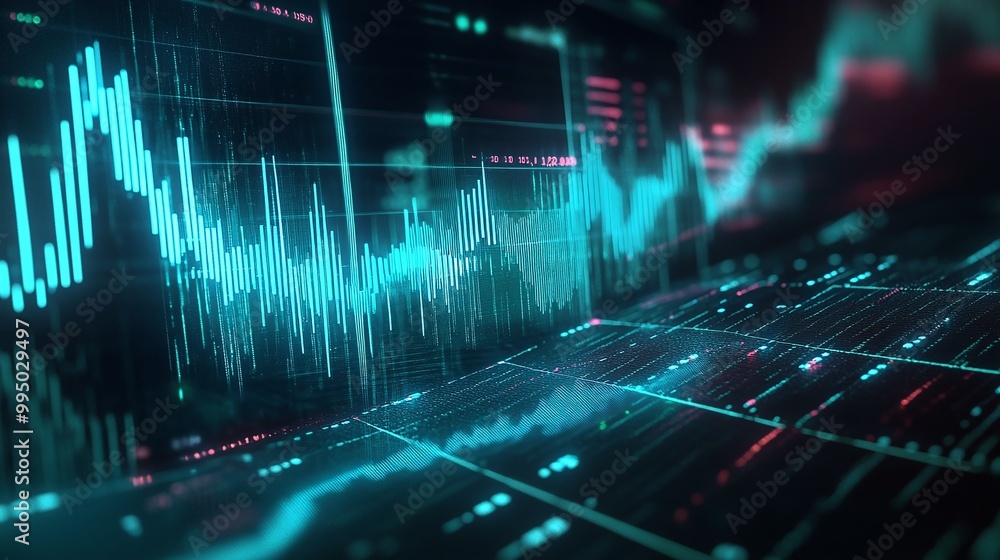 Poster data visualization of stock market trends displayed with dynamic graphics and glowing elements.