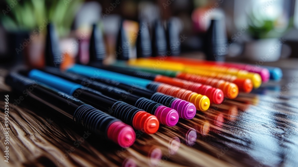 Poster a colorful array of markers arranged on a wooden surface.