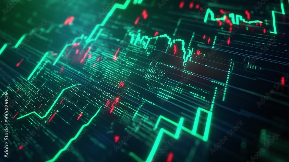 Poster digital abstract data visualization of fluctuating stock market trends and analysis.