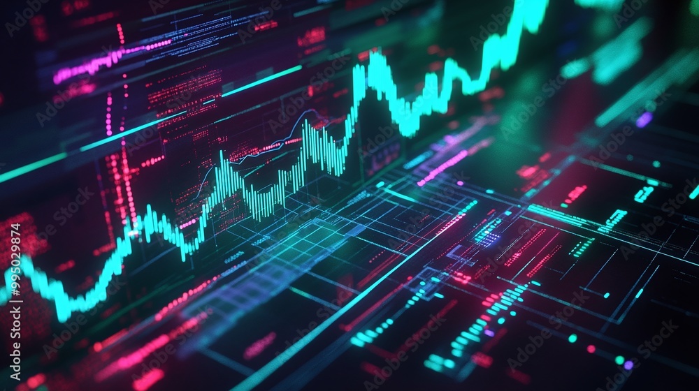 Poster digital abstract visualization of data analysis with colorful graphs and trends on a black backgroun