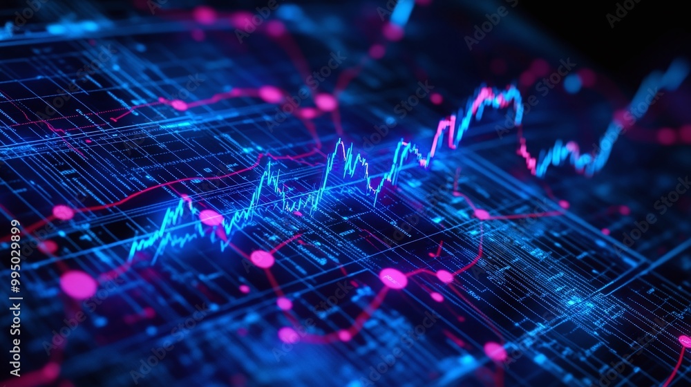 Poster digital data analysis with blue and pink graphical lines representing trends and statistics on a dar