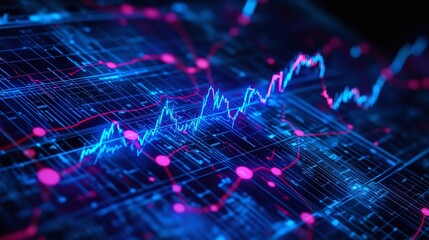Obraz premium Digital data analysis with blue and pink graphical lines representing trends and statistics on a dark background.