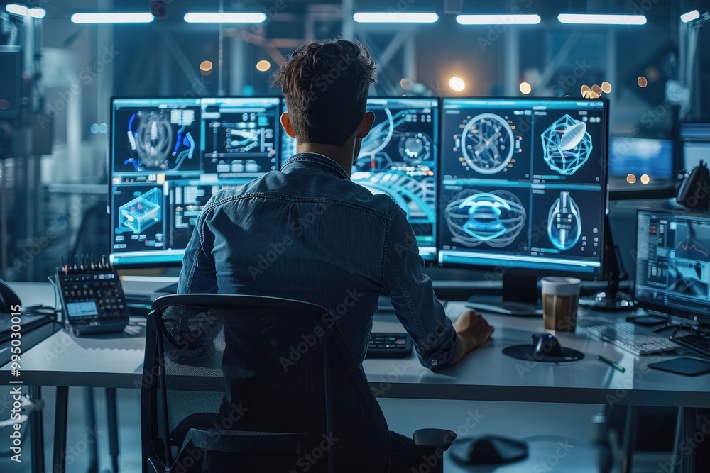 Aufkleber a man is sitting at a desk with three computer monitors in front of him