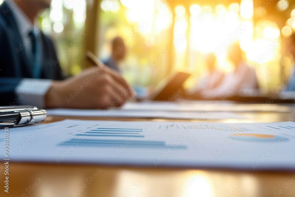 Poster a business meeting with charts and graphs on a table, sunlight filtering in, emphasizes a collaborat