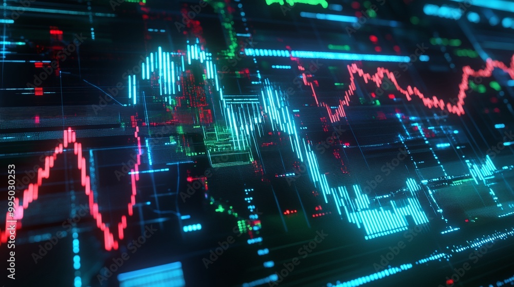 Poster digital data visualization with colorful graphs showcasing financial trends and statistics on a dark
