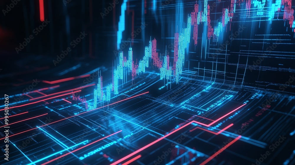 Poster digital data visualization with glowing graphs and charts on a dark background.