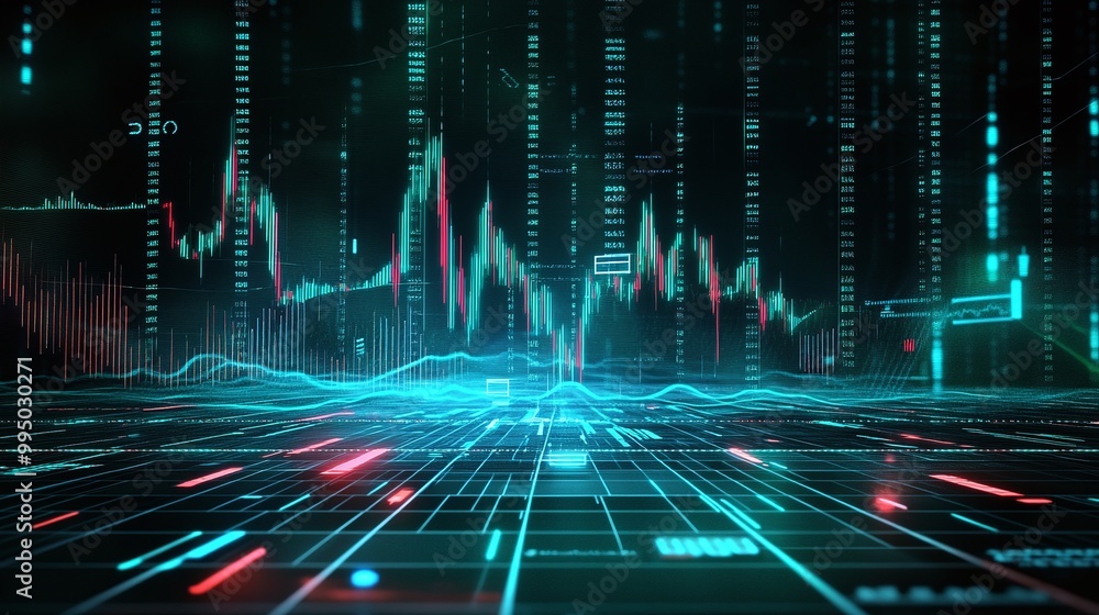 Poster digital data visualization with bright graphs and charts representing data analysis in a futuristic 