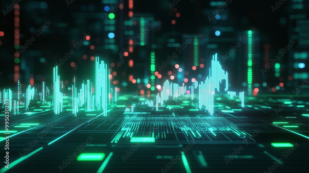 Poster digital data visualization with glowing graphs and figures on a futuristic interface.