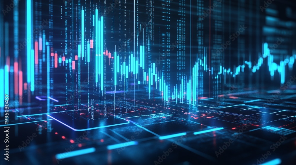 Poster digital data visualization with glowing graphs on a dark background, representing modern technology 