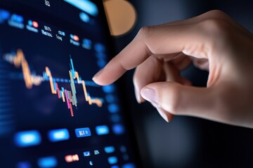 A hand points at a digital financial chart displaying fluctuating market data and trends.