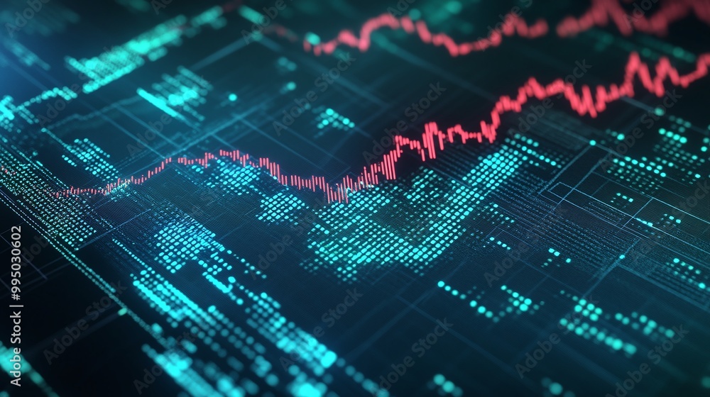 Poster digital data visualization with uptrend and downtrend graphs on a futuristic background.