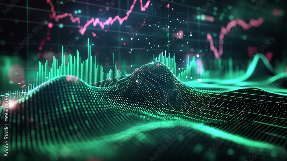 Poster digital data visualization with vibrant chart patterns and green waveforms on a dark background.