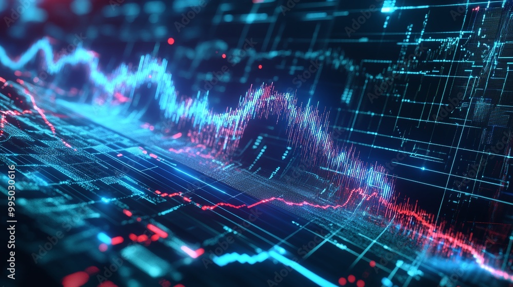 Poster digital data visualization with vibrant blue and red wave patterns representing data trends and anal