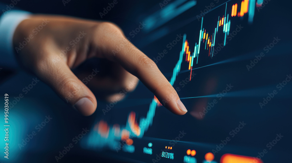 Poster a hand interacts with a digital stock market chart, highlighting financial trends and data analysis 