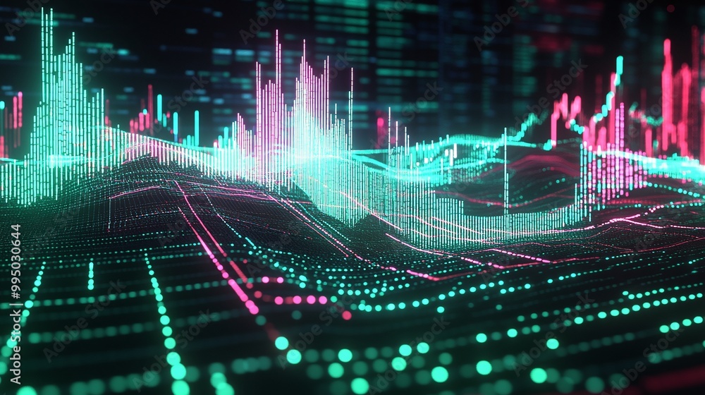 Poster digital data visualization with vibrant colors and dynamic waveforms representing information flow.
