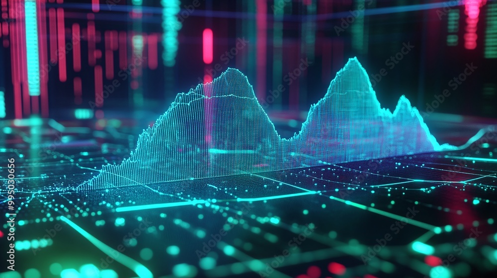 Poster digital data visualization with vibrant colors and holographic elements representing statistical tre