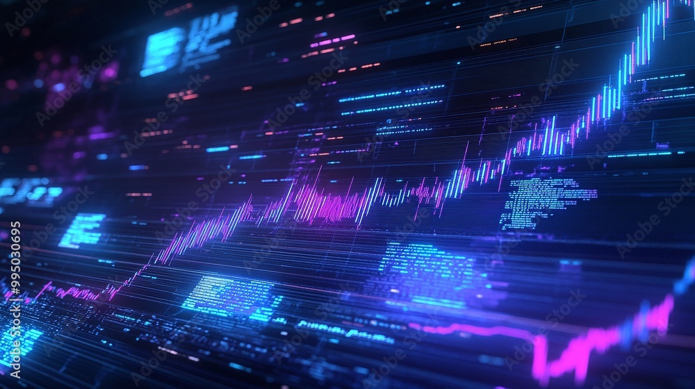 Poster digital data visualization with vibrant graphs and analytics, illustrating trends and patterns in in