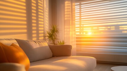 Fototapeta premium Cozy living room with sunlight filtering through blinds.