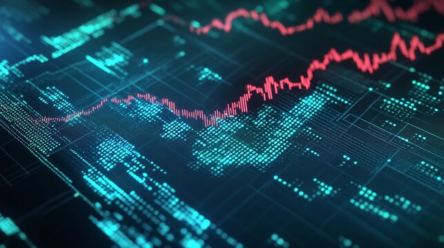 Digital data visualization with uptrend and downtrend graphs on a futuristic background.