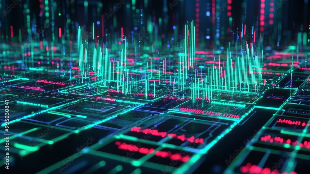 Poster digital data visualization with vibrant green and red graphs on a dark grid background, representing