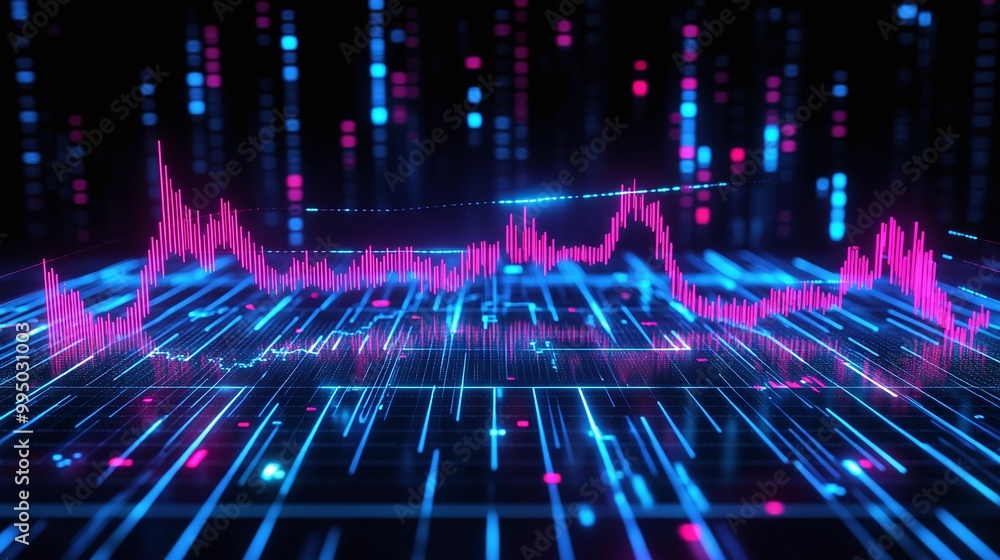 Poster digital data visualization with vibrant neon colors representing fluctuating metrics on a futuristic