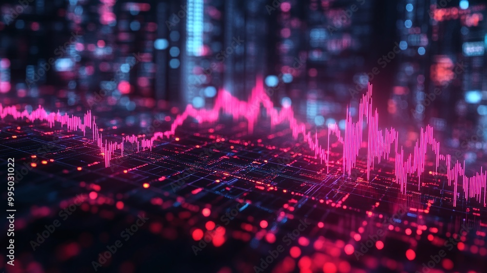 Poster digital data visualization with vibrant pink and blue lines representing statistical trends and fluc